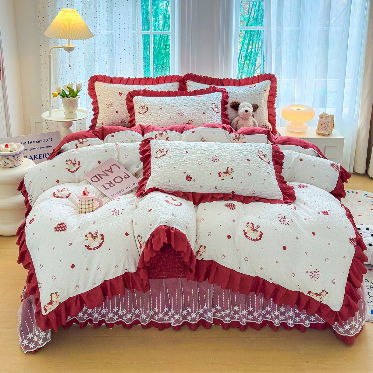 91家纺网 家纺一手货源 找家纺 （总）绒耀家纺 2026春夏直播爆款泡芙棉云感双层纱皱皱纱韩式花边夏被四件套