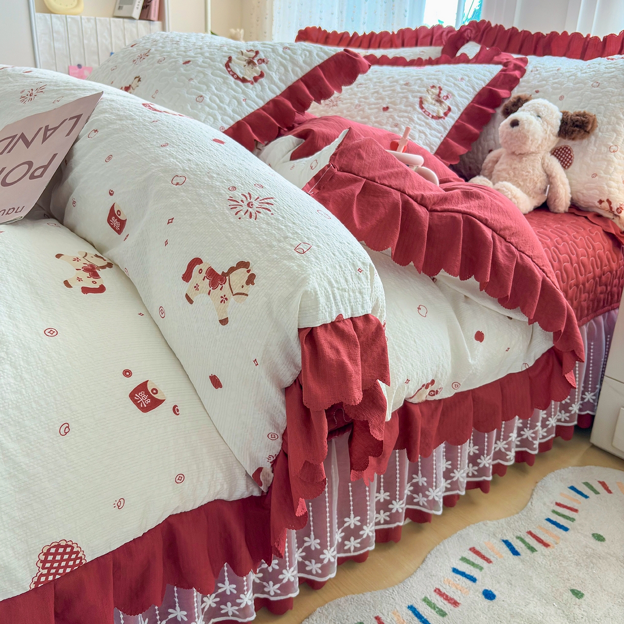 91家纺网 家纺一手货源 找家纺 （总）绒耀家纺 2026春夏直播爆款泡芙棉云感双层纱皱皱纱韩式花边床盖四件套