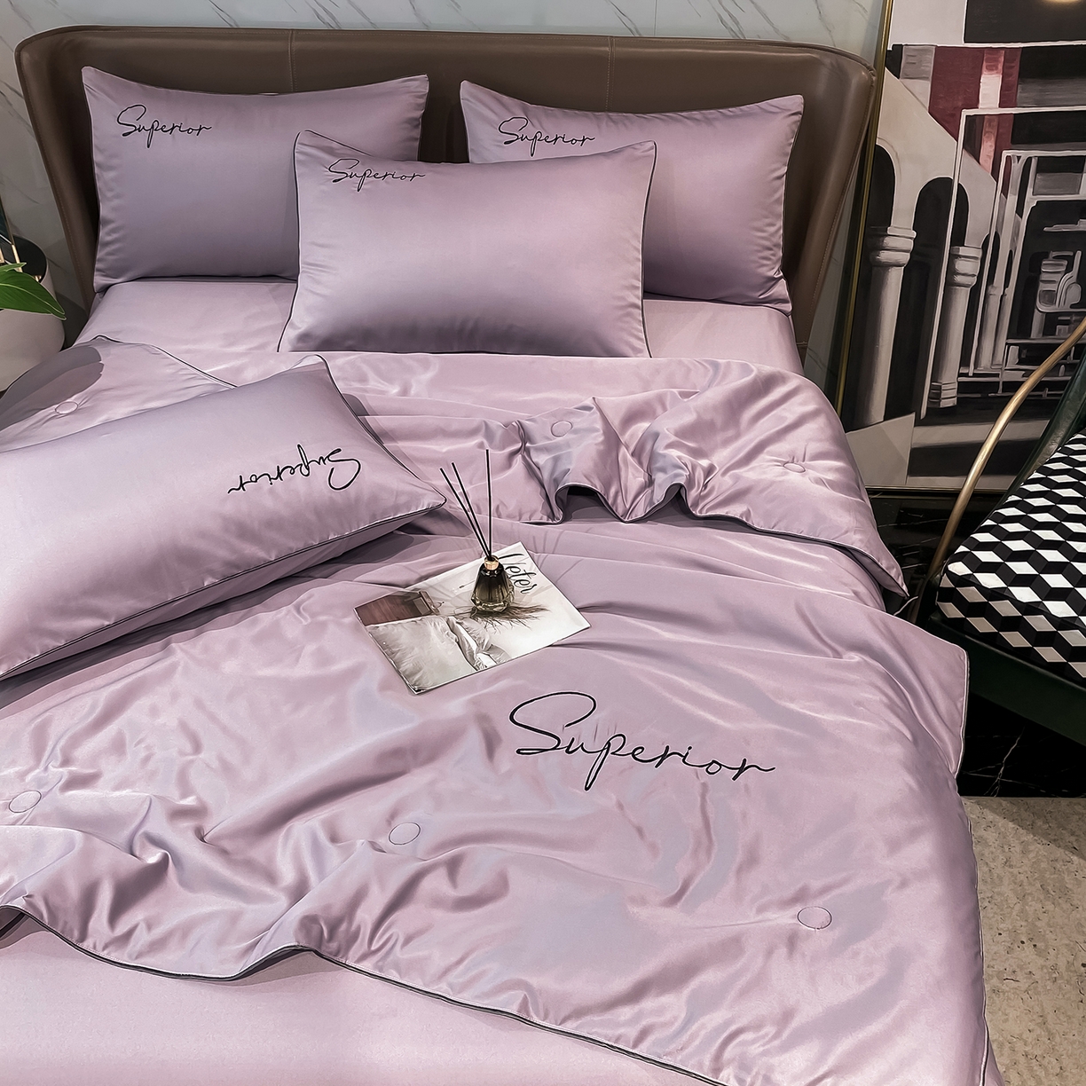 91家纺网 家纺一手货源 找家纺 绒城 2026新款字母刺绣水洗天丝夏被夏凉被空调被四件套-字母 字母烟熏紫