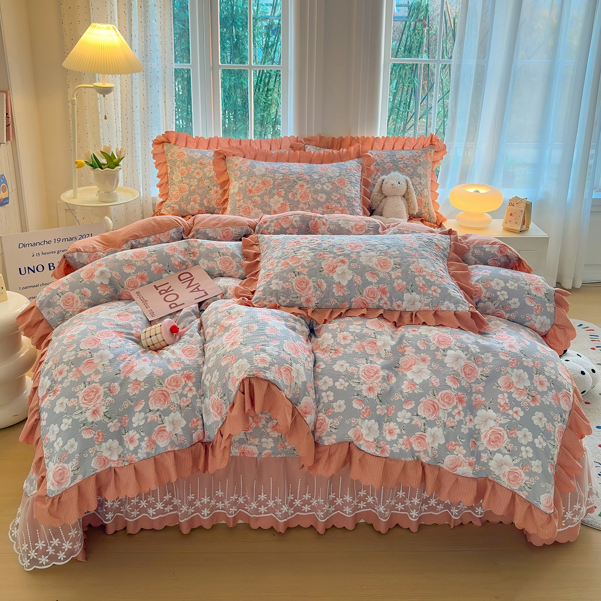 绒耀家纺 2026春夏直播爆款泡芙棉云感双层纱皱皱纱韩式花边床盖四件套 莫奈花园