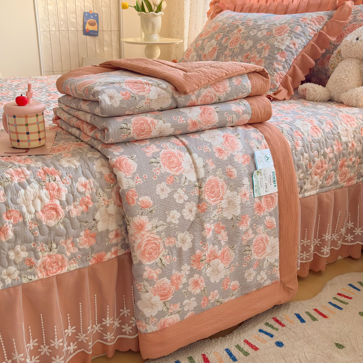 91家纺网 家纺一手货源 找家纺 绒耀家纺 2026春夏直播爆款泡芙棉云感双层纱皱皱纱韩式花边床盖四件套 莫奈花园