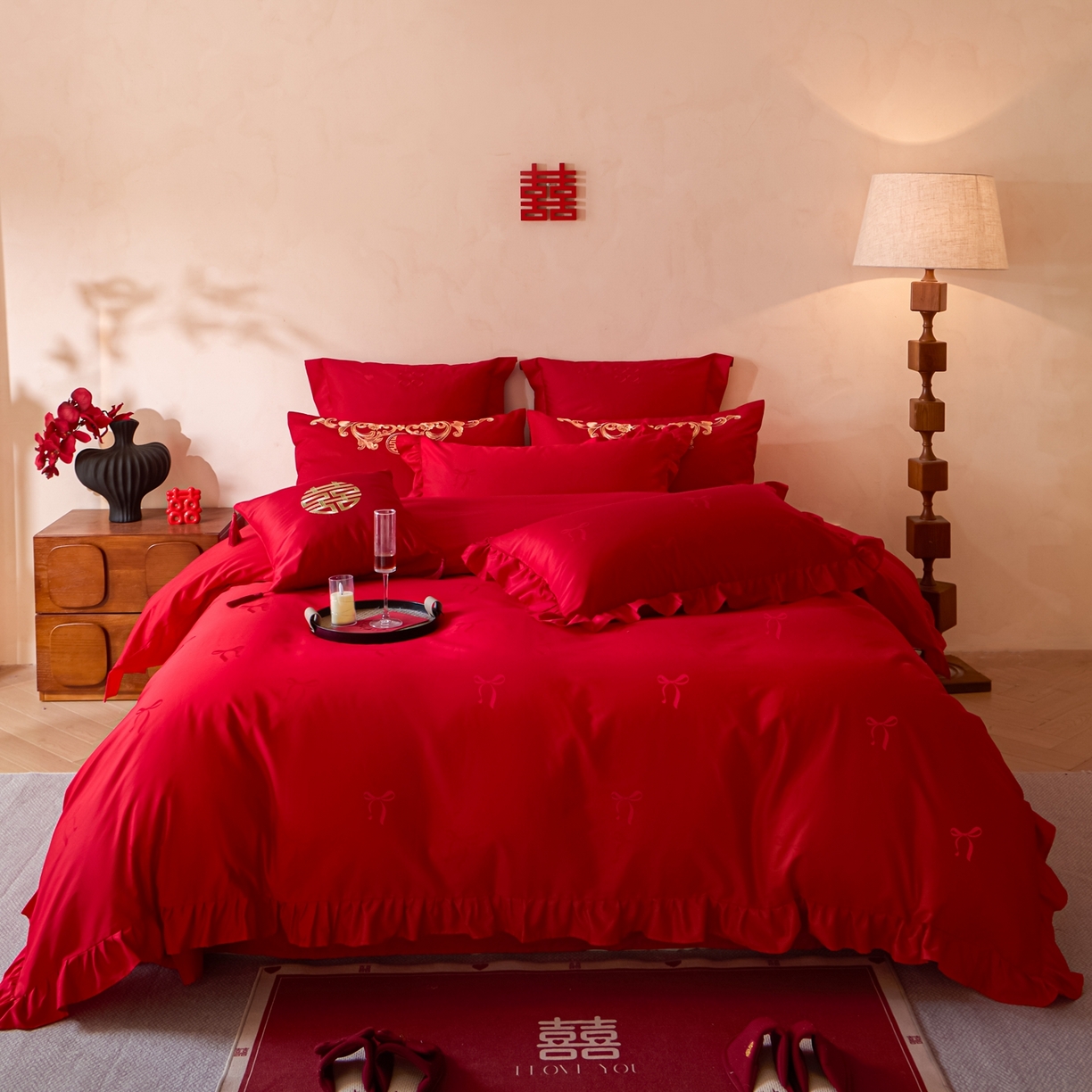 东方合美（原：皇家传奇） 2026新款长绒棉轻奢婚庆四件套 蝴蝶结花边