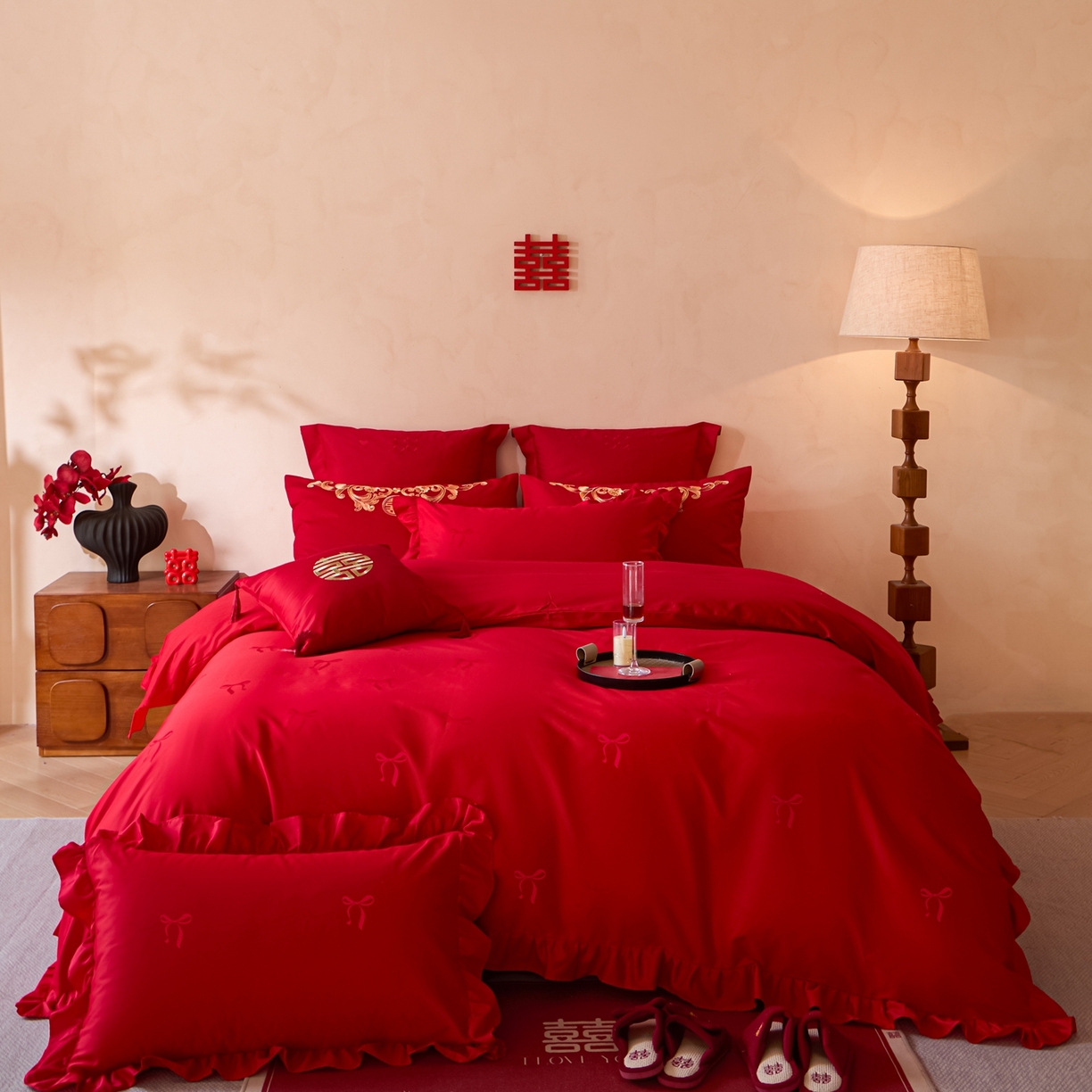 91家纺网 家纺一手货源 找家纺 东方合美（原：皇家传奇） 2026新款长绒棉轻奢婚庆四件套 蝴蝶结花边