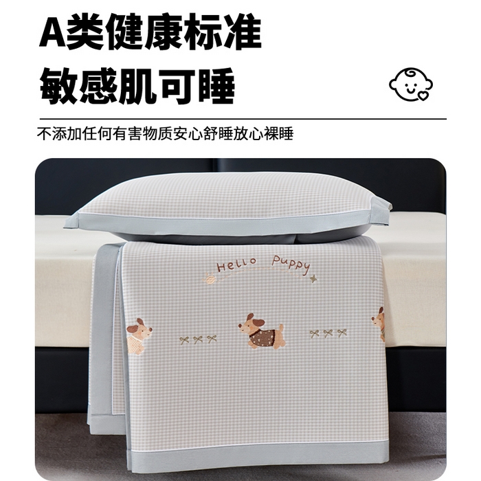 91家纺网 家纺一手货源 找家纺 小牛席业 2026新款腊肠狗绣花凉感冰丝席凉席席子 腊肠狗-灰色