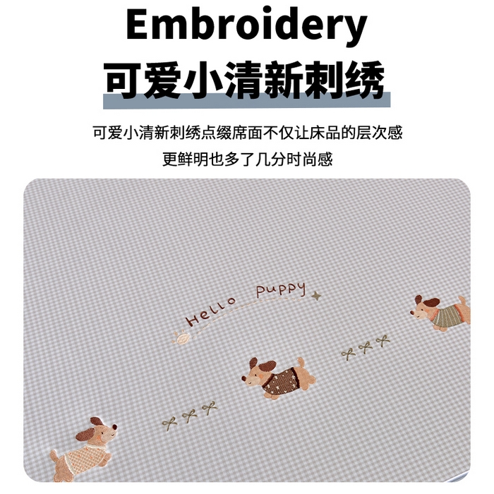 91家纺网 家纺一手货源 找家纺 小牛席业 2026新款腊肠狗绣花凉感冰丝席凉席席子 腊肠狗-灰色