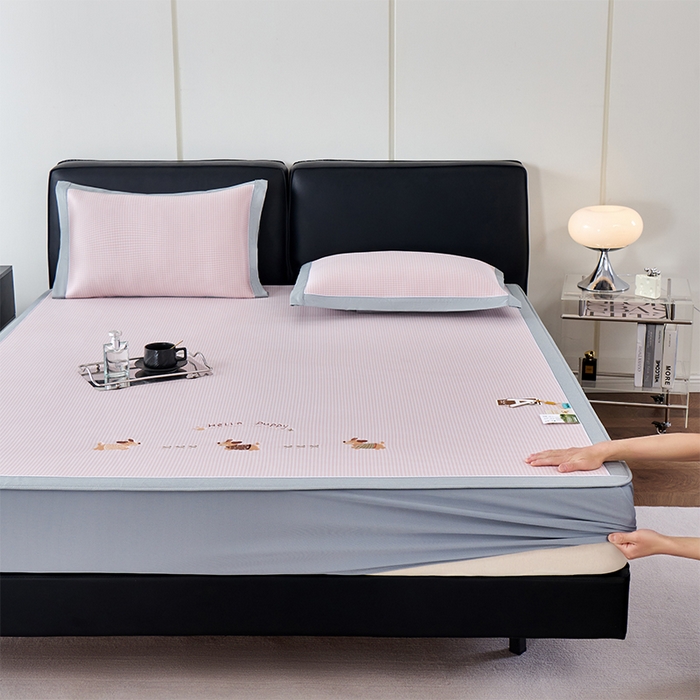 小牛席业 2026新款腊肠狗绣花凉感冰丝席凉席席子-床笠款 腊肠狗-粉色