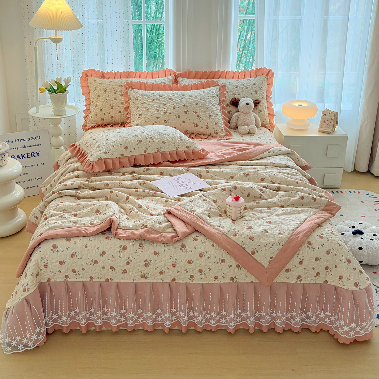 91家纺网 家纺一手货源 找家纺 绒耀家纺 2026春夏直播爆款泡芙棉云感双层纱皱皱纱韩式花边床盖四件套 事事如意