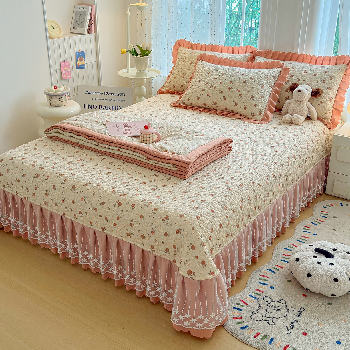 91家纺网 家纺一手货源 找家纺 绒耀家纺 2026春夏直播爆款泡芙棉云感双层纱皱皱纱韩式花边床盖四件套 事事如意