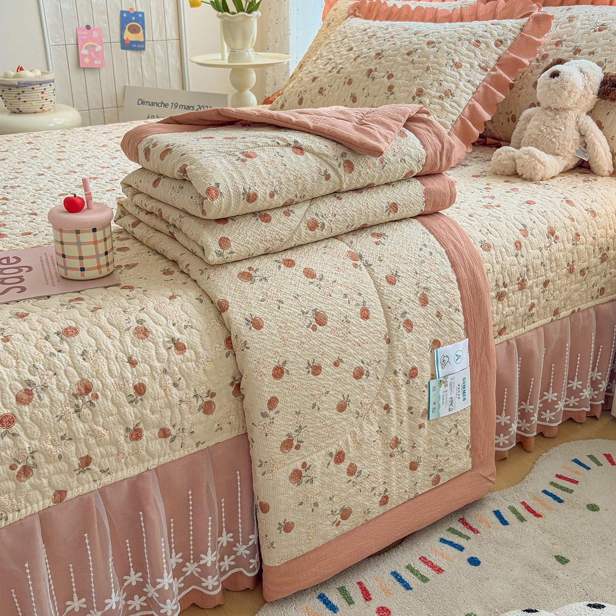 91家纺网 家纺一手货源 找家纺 绒耀家纺 2026春夏直播爆款泡芙棉云感双层纱皱皱纱韩式花边床盖四件套 事事如意