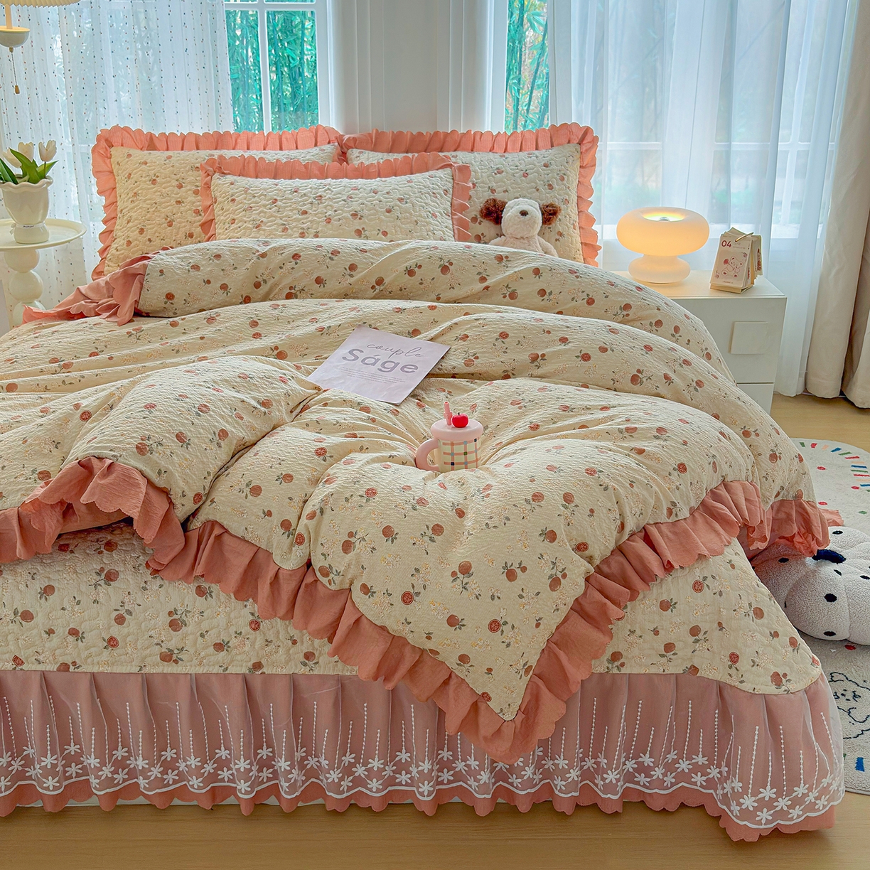 91家纺网 家纺一手货源 找家纺 绒耀家纺 2026春夏直播爆款泡芙棉云感双层纱皱皱纱韩式花边床盖四件套 事事如意