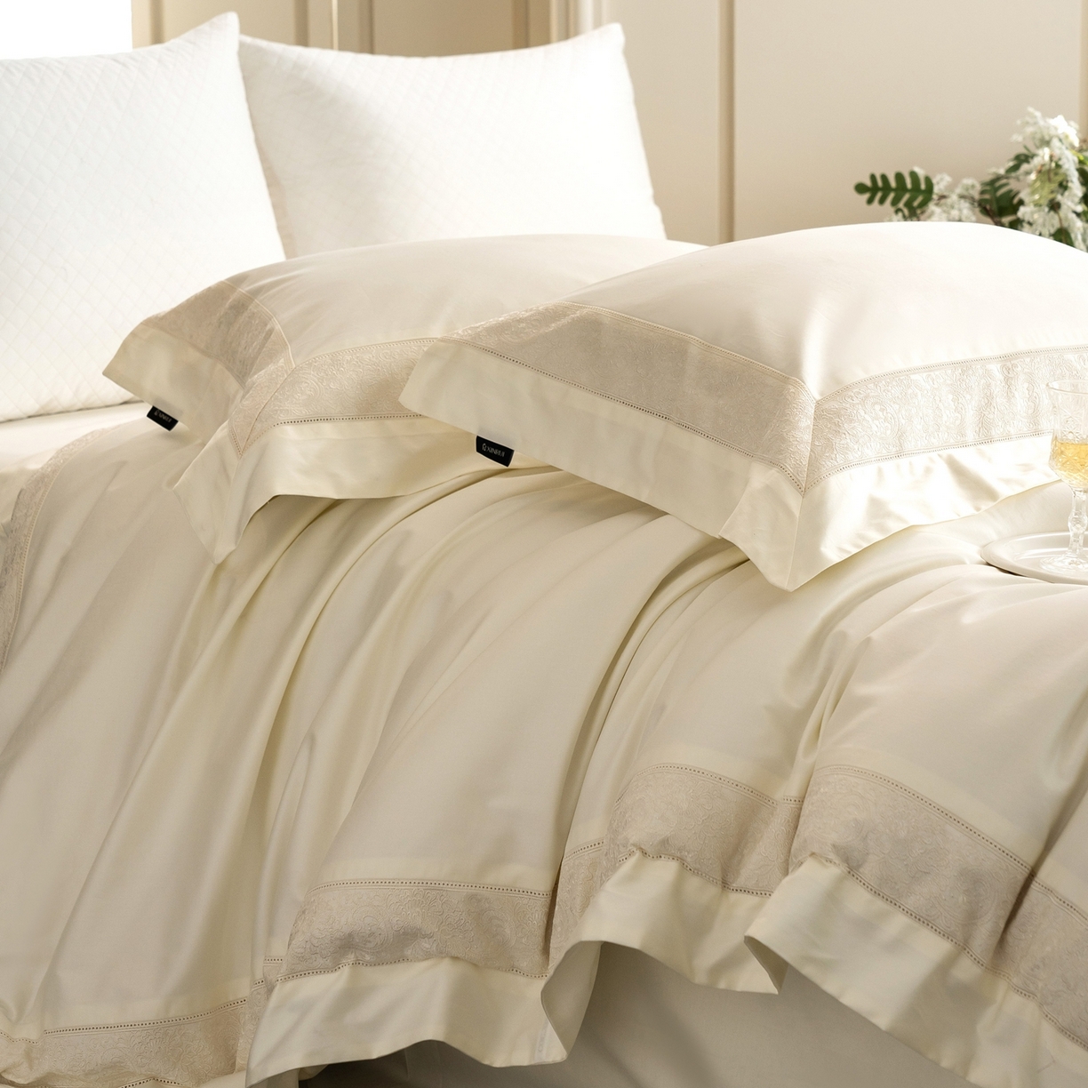 馨蕊家居 2026新款100S全棉纯棉高定高精密刺绣四件套-兰芙 兰芙-月光白