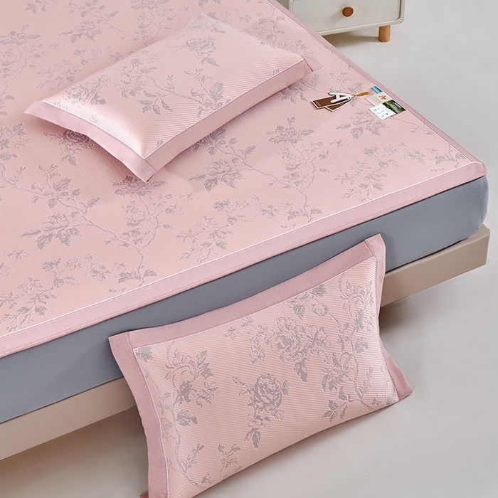 91家纺网 家纺一手货源 找家纺 小牛席业 2026新款牡丹花蔓冷感豆豆席凉席席子-床笠款 牡丹花蔓-粉色