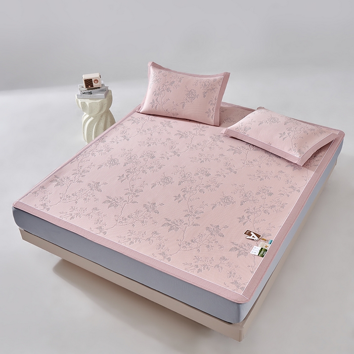 91家纺网 家纺一手货源 找家纺 小牛席业 2026新款牡丹花蔓冷感豆豆席凉席席子-床笠款 牡丹花蔓-粉色