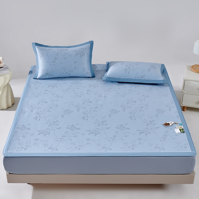 91家纺网 家纺一手货源 找家纺 小牛席业 2026新款牡丹花蔓冷感豆豆席凉席席子-床笠款 牡丹花蔓-蓝色