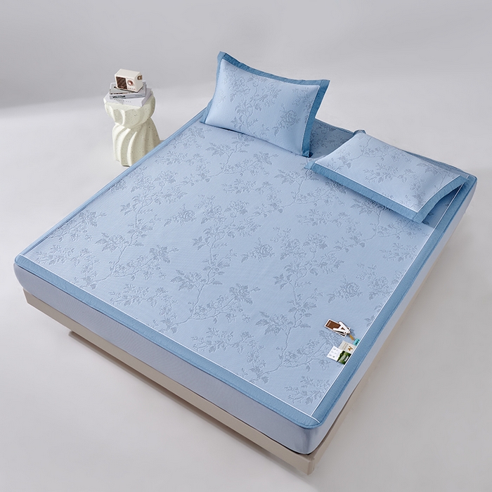 91家纺网 家纺一手货源 找家纺 小牛席业 2026新款牡丹花蔓冷感豆豆席凉席席子-床笠款 牡丹花蔓-蓝色