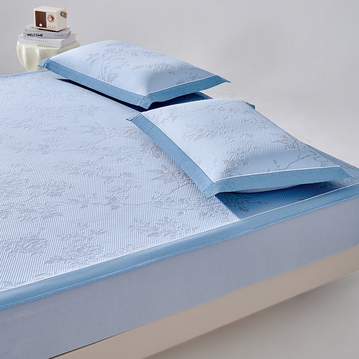 91家纺网 家纺一手货源 找家纺 小牛席业 2026新款牡丹花蔓冷感豆豆席凉席席子-床笠款 牡丹花蔓-蓝色