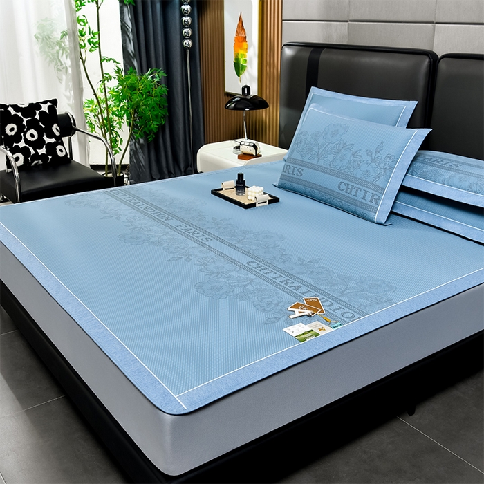 91家纺网 家纺一手货源 找家纺 小牛席业 2026新款蔷薇冷感豆豆席系列凉席席子-床笠款 蔷薇-蓝色