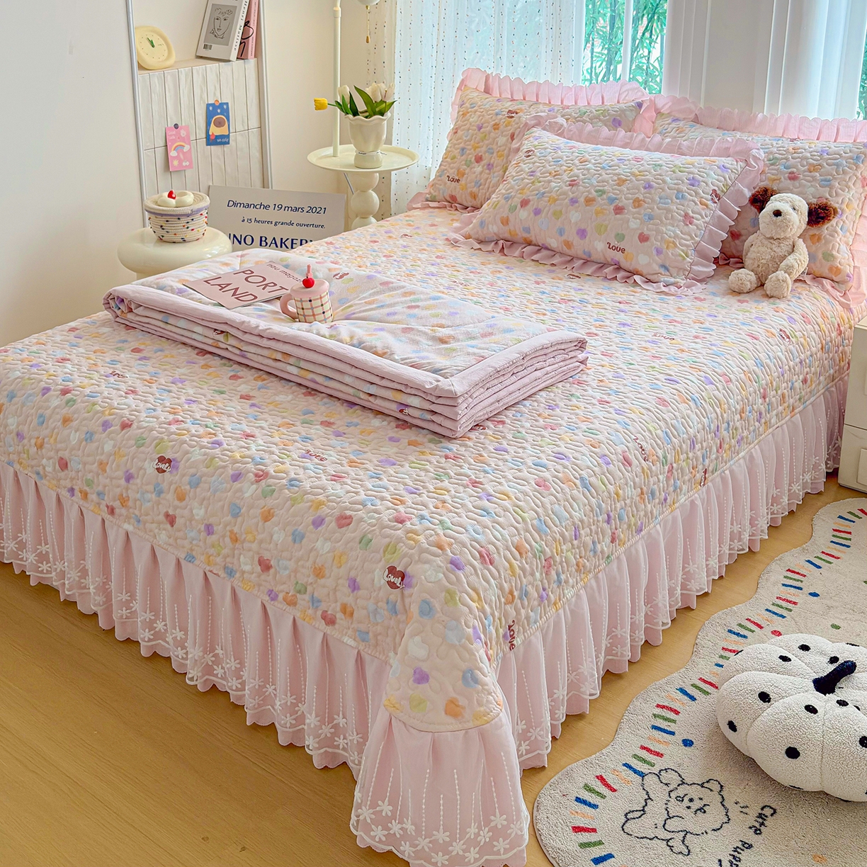 91家纺网 家纺一手货源 找家纺 绒耀家纺 2026春夏直播爆款泡芙棉云感双层纱皱皱纱韩式花边床盖四件套 甜蜜爱恋