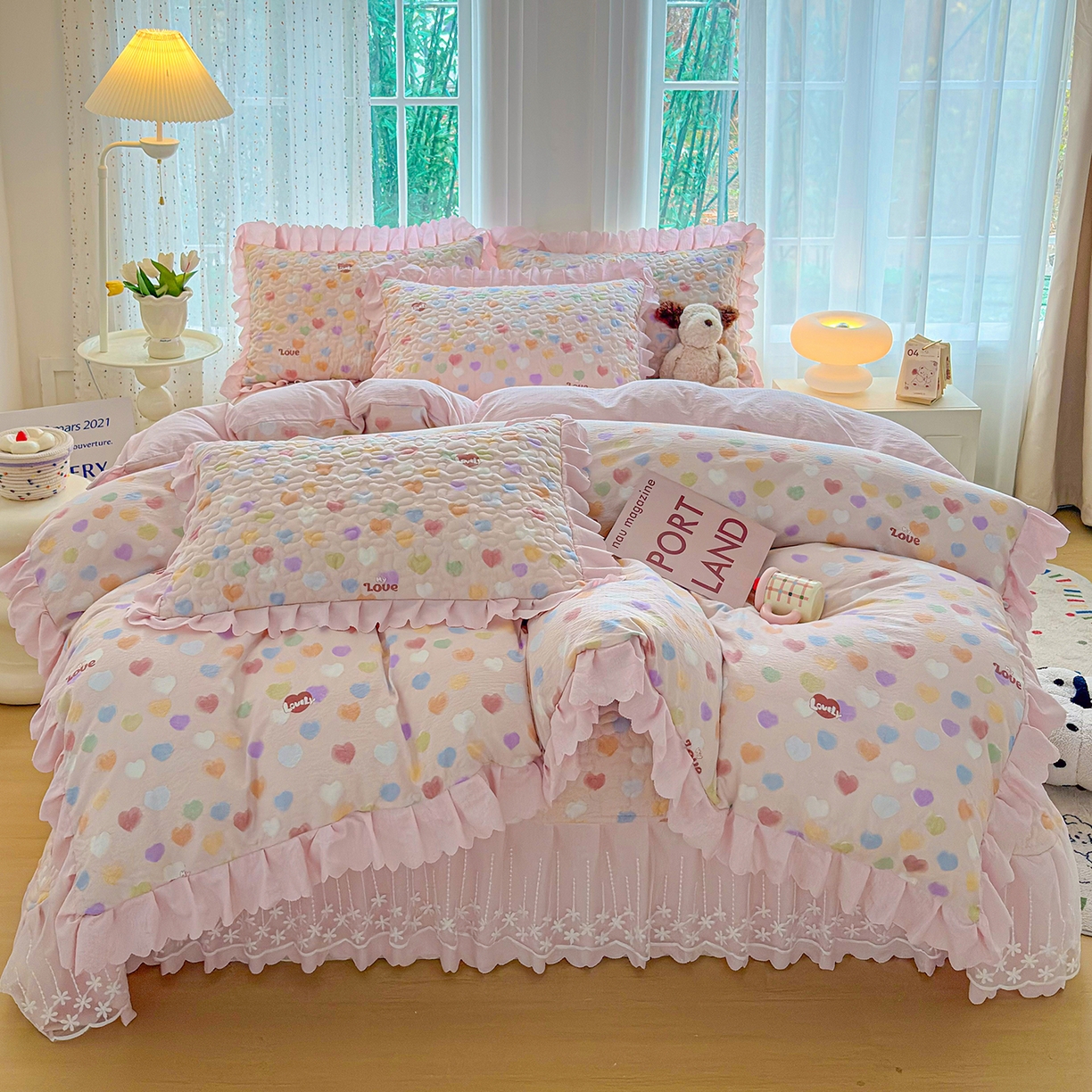绒耀家纺 2026春夏直播爆款泡芙棉云感双层纱皱皱纱韩式花边床盖四件套 甜蜜爱恋
