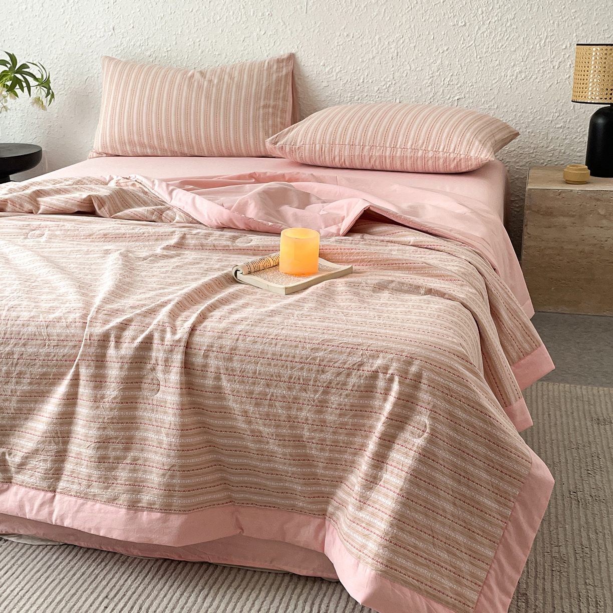 91家纺网 家纺一手货源 找家纺 绒城 2026新款棉色织提花水洗棉大豆夏被夏凉被空调被-摩卡 摩卡粉