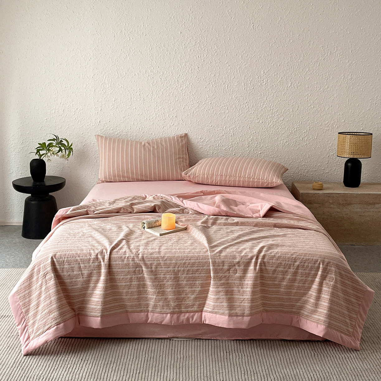 91家纺网 家纺一手货源 找家纺 绒城 2026新款棉色织提花水洗棉大豆夏被夏凉被空调被-摩卡 摩卡粉