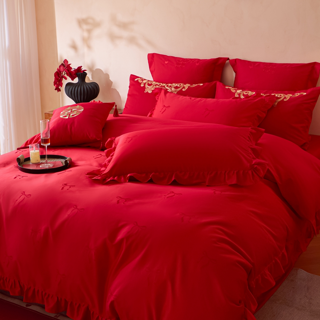 91家纺网 家纺一手货源 找家纺 东方合美（原：皇家传奇） 2026新款长绒棉轻奢婚庆四件套 蝴蝶结花边