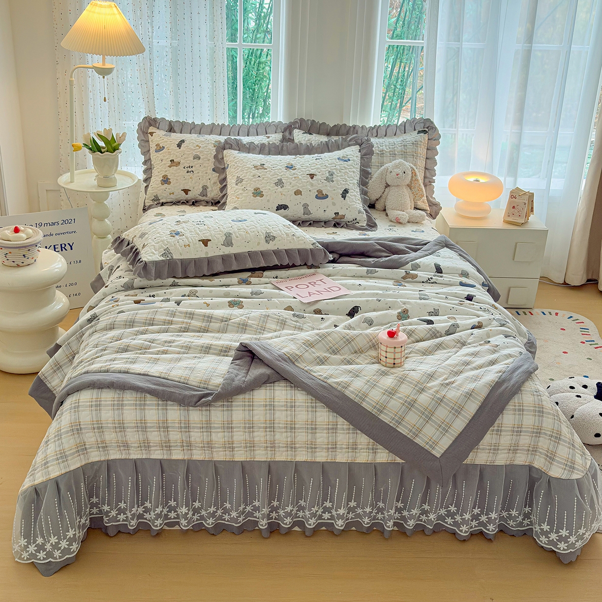 91家纺网 家纺一手货源 找家纺 绒耀家纺 2026春夏直播爆款泡芙棉云感双层纱皱皱纱韩式花边床盖四件套 旺旺大队