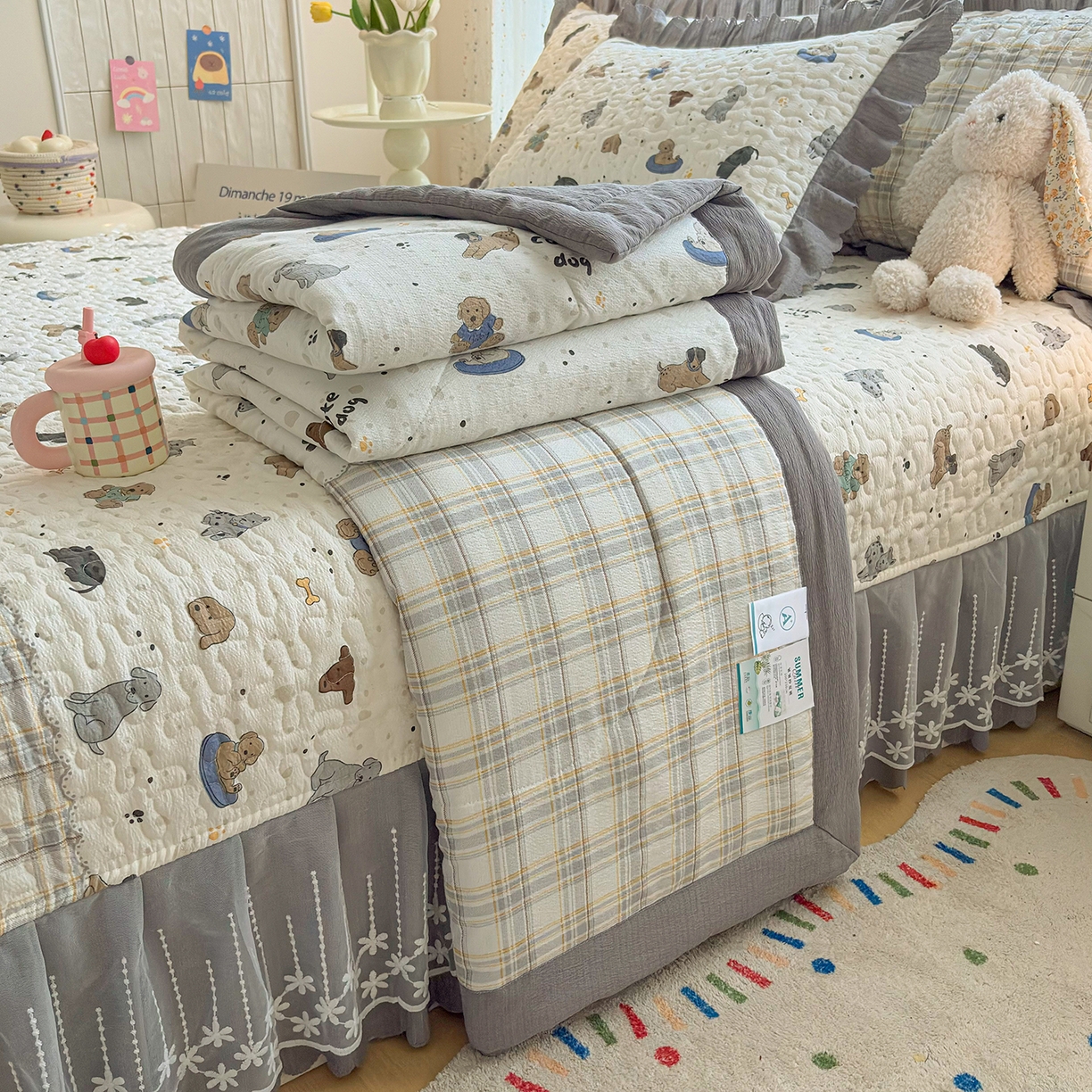 91家纺网 家纺一手货源 找家纺 绒耀家纺 2026春夏直播爆款泡芙棉云感双层纱皱皱纱韩式花边床盖四件套 旺旺大队