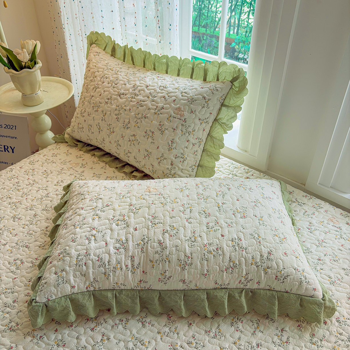 91家纺网 家纺一手货源 找家纺 绒耀家纺 2026春夏直播爆款泡芙棉云感双层纱皱皱纱韩式花边床盖四件套 夏日