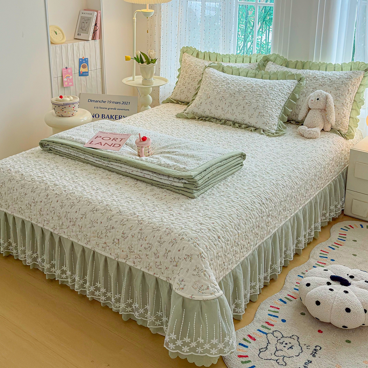 91家纺网 家纺一手货源 找家纺 绒耀家纺 2026春夏直播爆款泡芙棉云感双层纱皱皱纱韩式花边床盖四件套 夏日