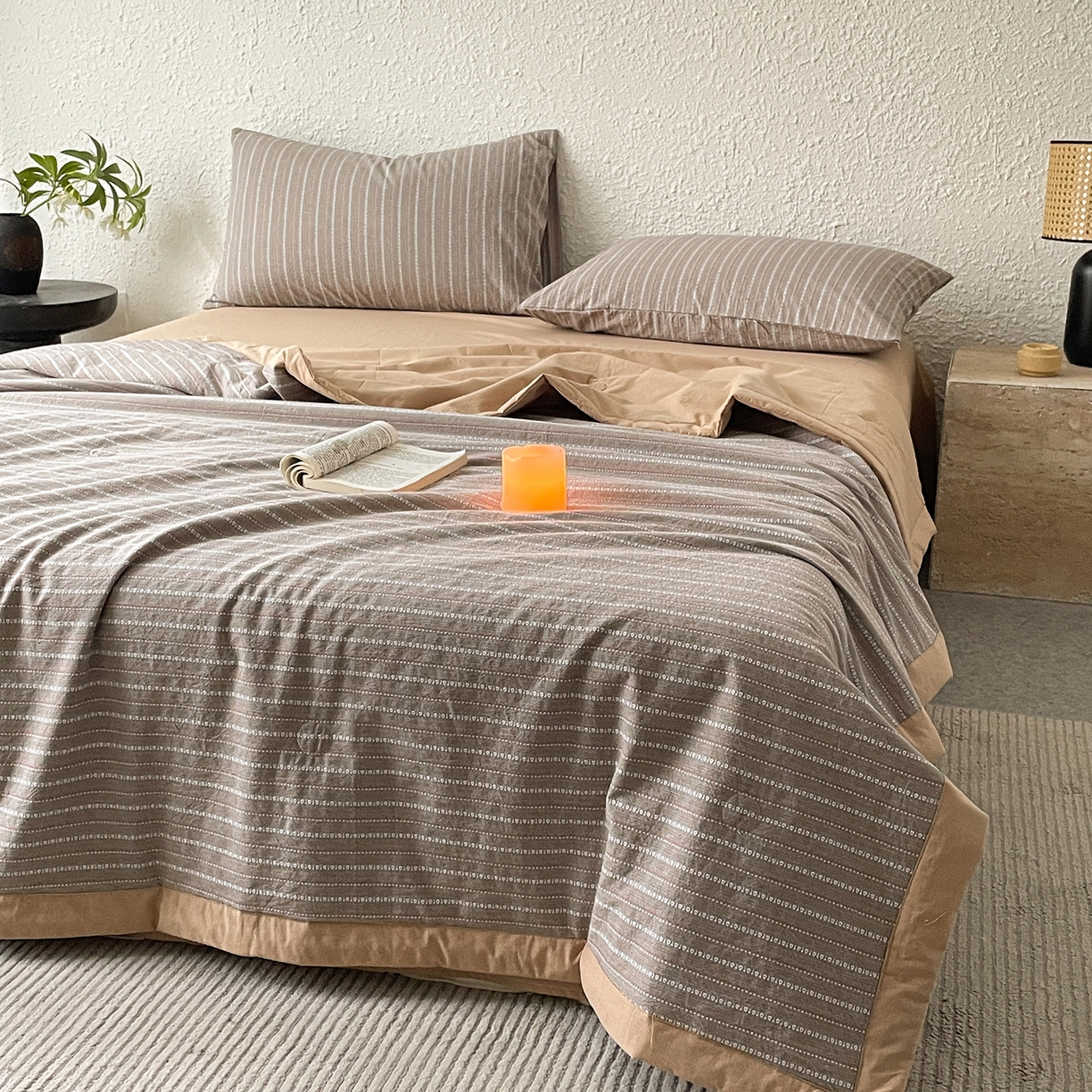 91家纺网 家纺一手货源 找家纺 绒城 2026新款棉色织提花水洗棉大豆夏被夏凉被空调被-摩卡 摩卡咖