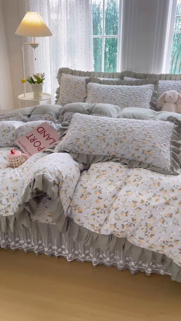 91家纺网 家纺一手货源 找家纺 绒耀家纺 2026春夏直播爆款泡芙棉云感双层纱皱皱纱韩式花边床盖四件套 夏日