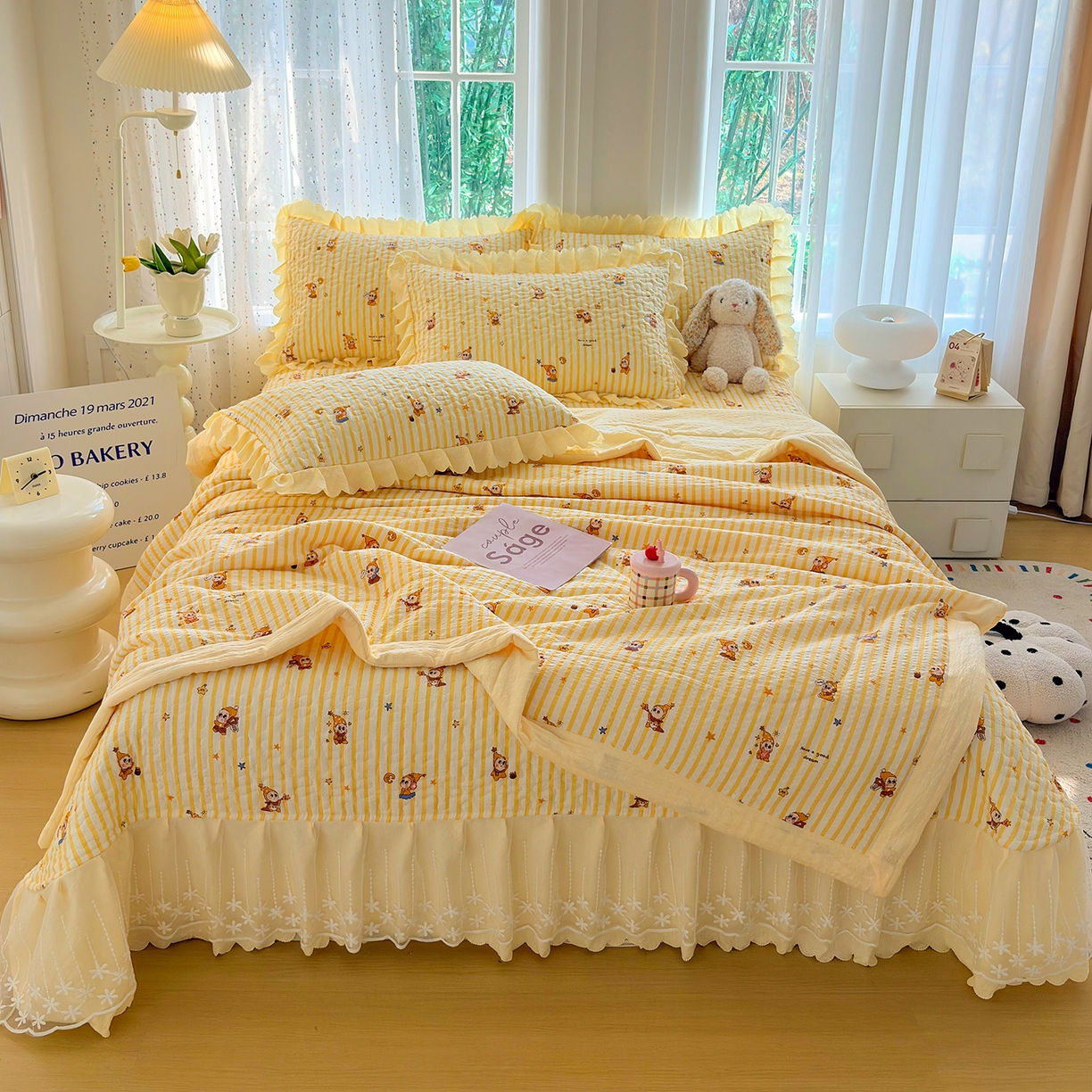 91家纺网 家纺一手货源 找家纺 绒耀家纺 2026春夏直播爆款泡芙棉云感双层纱皱皱纱韩式花边床盖四件套 星星人