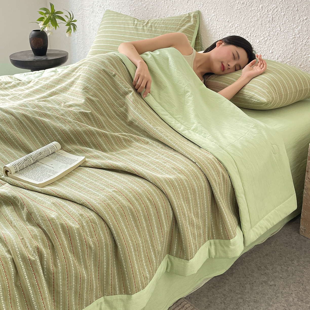 91家纺网 家纺一手货源 找家纺 绒城 2026新款棉色织提花水洗棉大豆夏被夏凉被空调被-摩卡 摩卡绿