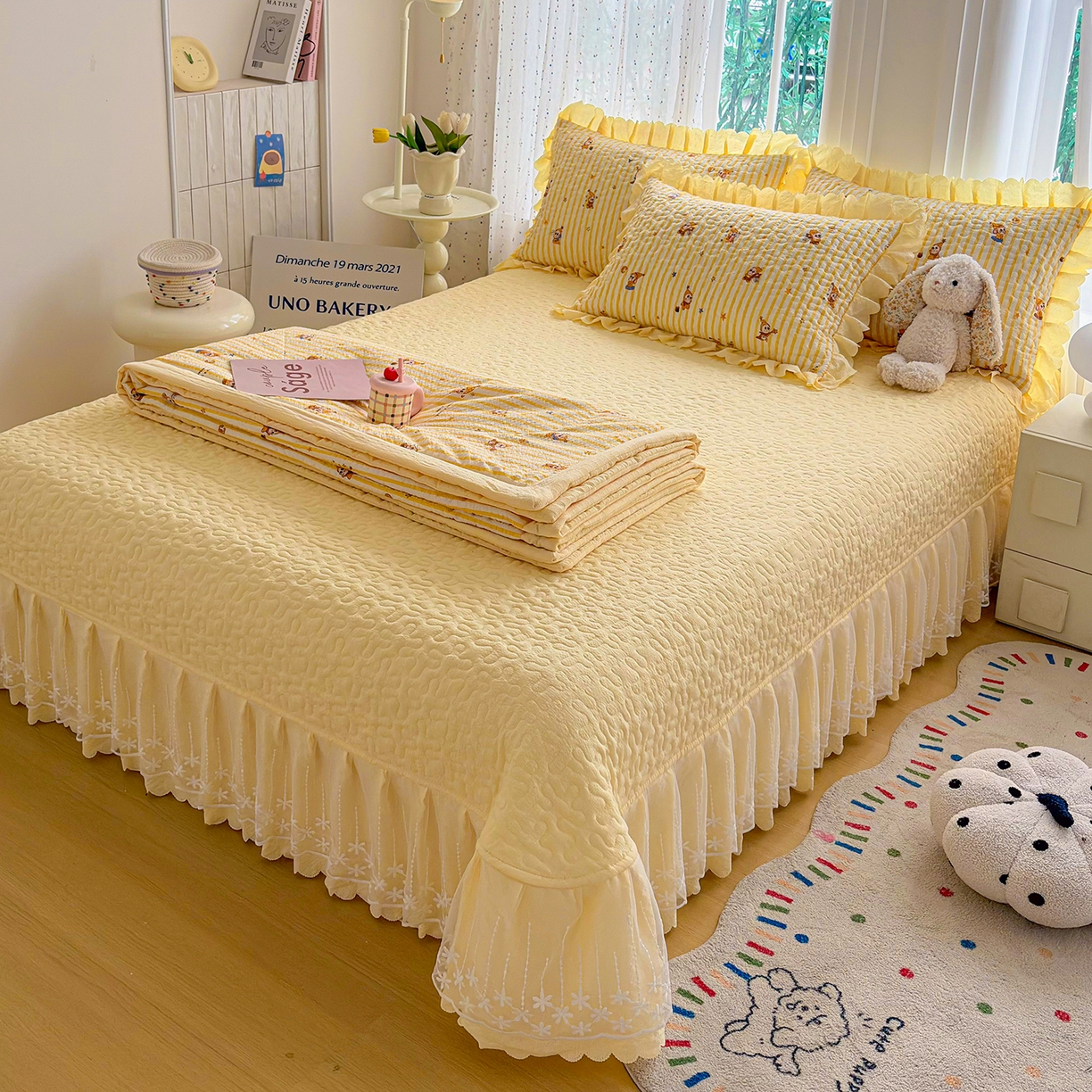 91家纺网 家纺一手货源 找家纺 绒耀家纺 2026春夏直播爆款泡芙棉云感双层纱皱皱纱韩式花边床盖四件套 星星人-AB