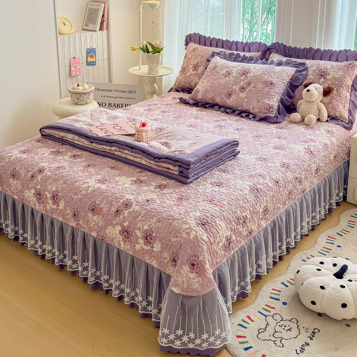 91家纺网 家纺一手货源 找家纺 绒耀家纺 2026春夏直播爆款泡芙棉云感双层纱皱皱纱韩式花边床盖四件套 紫魅