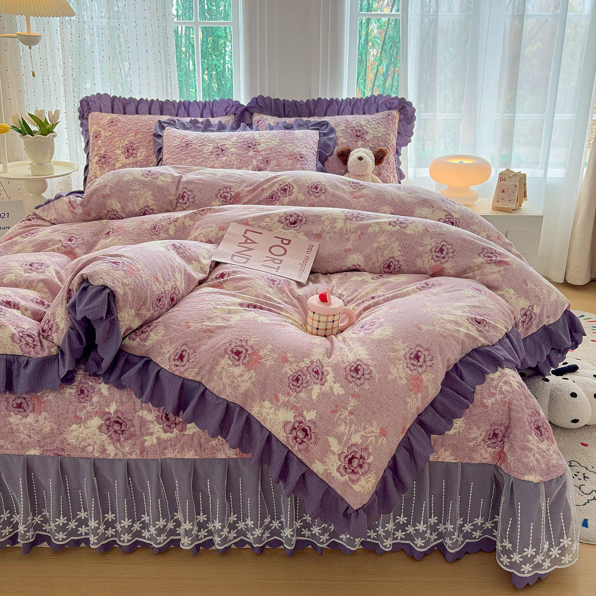 91家纺网 家纺一手货源 找家纺 绒耀家纺 2026春夏直播爆款泡芙棉云感双层纱皱皱纱韩式花边床盖四件套 紫魅