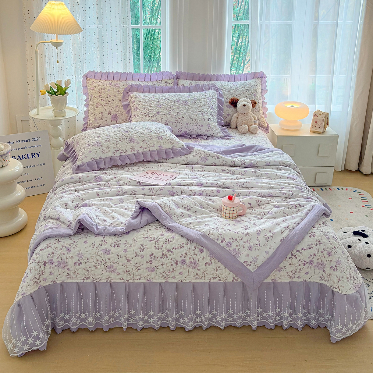 91家纺网 家纺一手货源 找家纺 绒耀家纺 2026春夏直播爆款泡芙棉云感双层纱皱皱纱韩式花边床盖四件套 紫薇