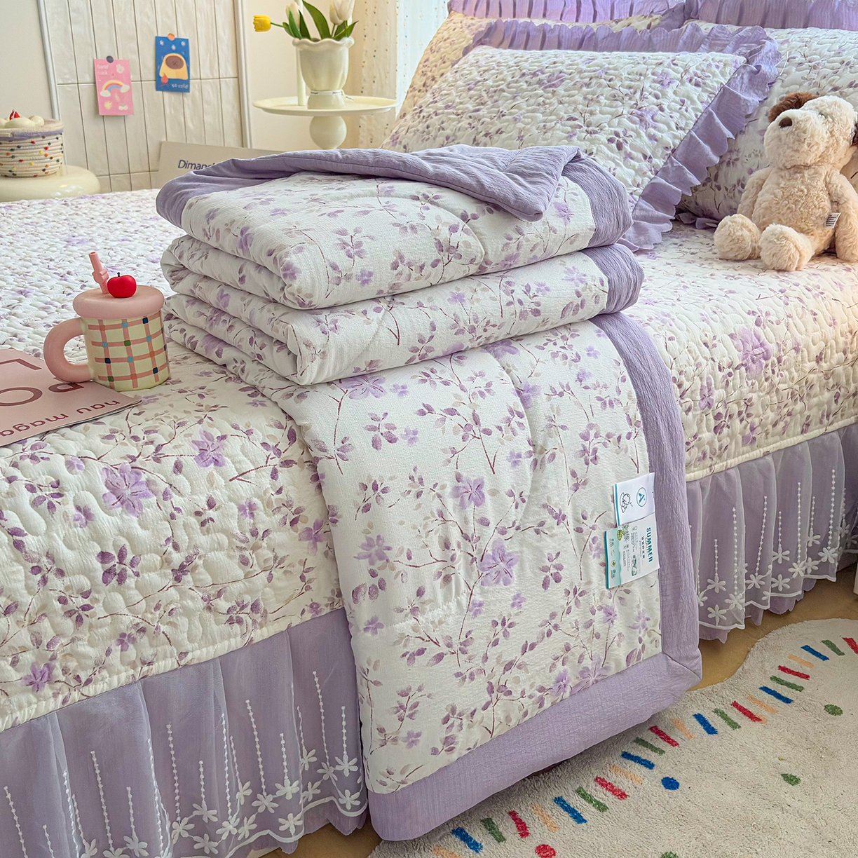 91家纺网 家纺一手货源 找家纺 绒耀家纺 2026春夏直播爆款泡芙棉云感双层纱皱皱纱韩式花边床盖四件套 紫薇