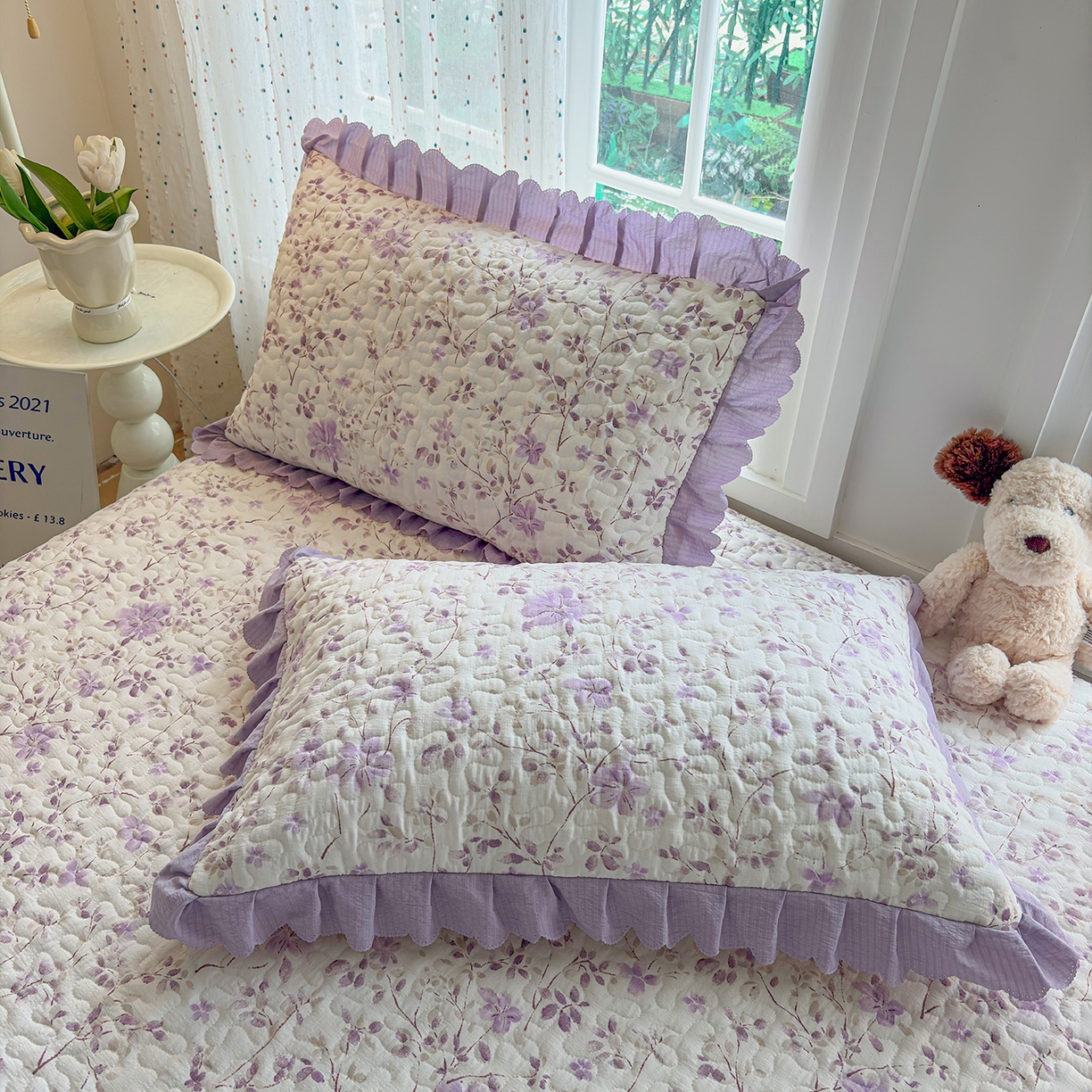 91家纺网 家纺一手货源 找家纺 绒耀家纺 2026春夏直播爆款泡芙棉云感双层纱皱皱纱韩式花边床盖四件套 紫薇