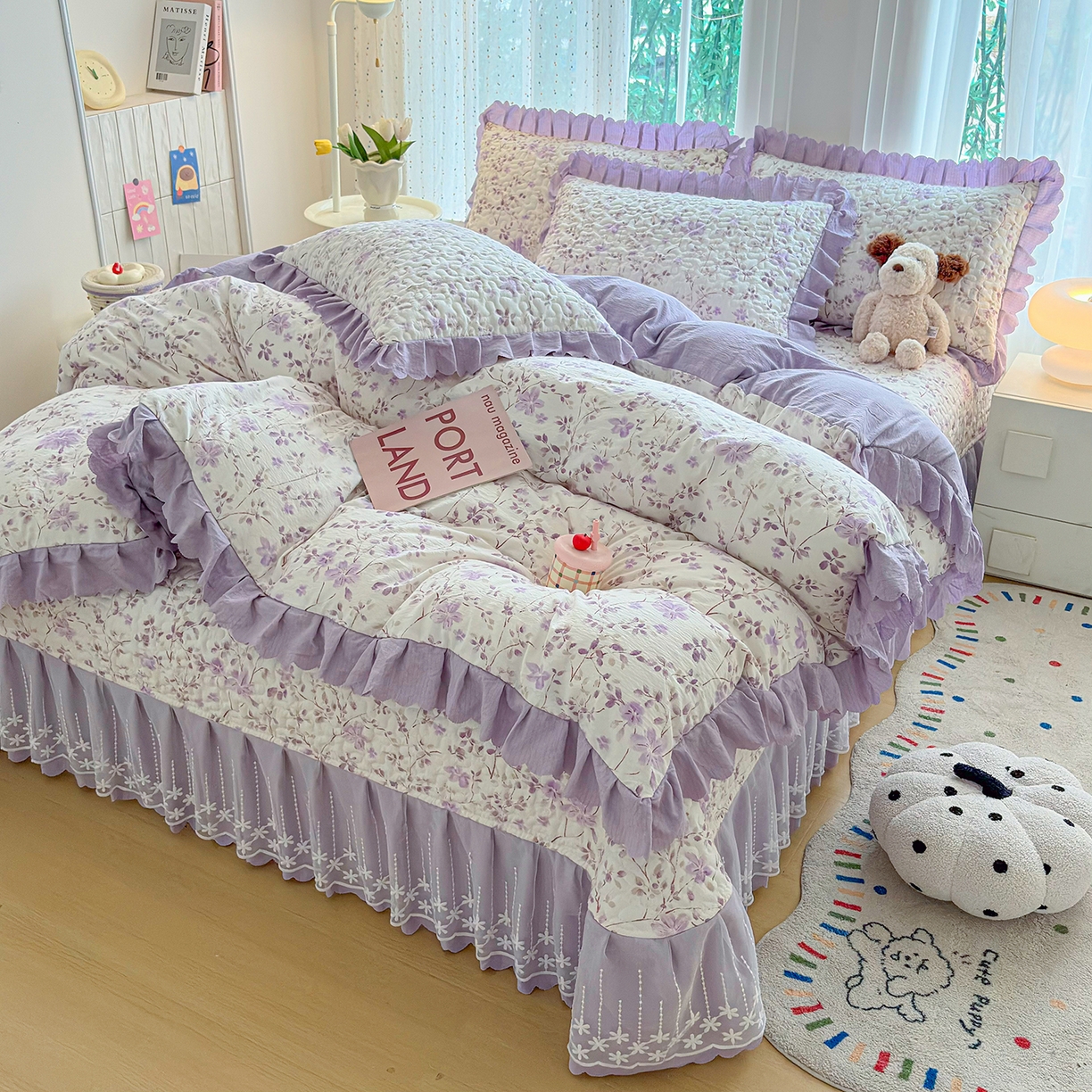 91家纺网 家纺一手货源 找家纺 绒耀家纺 2026春夏直播爆款泡芙棉云感双层纱皱皱纱韩式花边床盖四件套 紫薇