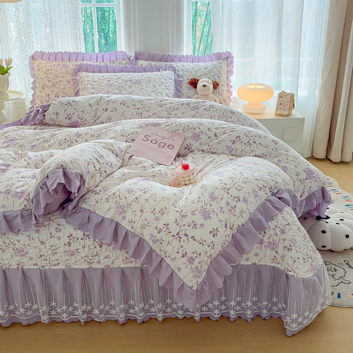 91家纺网 家纺一手货源 找家纺 绒耀家纺 2026春夏直播爆款泡芙棉云感双层纱皱皱纱韩式花边床盖四件套 紫薇