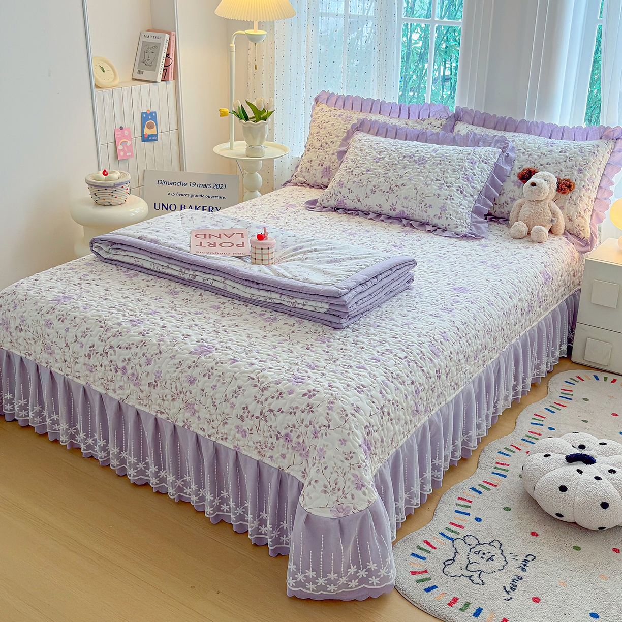 91家纺网 家纺一手货源 找家纺 绒耀家纺 2026春夏直播爆款泡芙棉云感双层纱皱皱纱韩式花边床盖四件套 紫薇