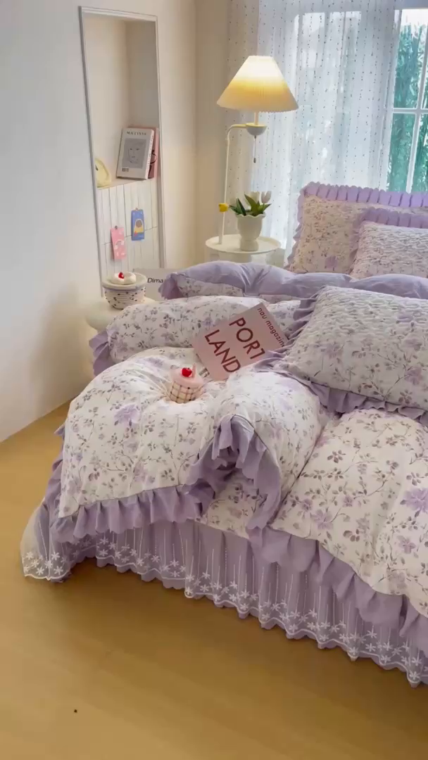 91家纺网 家纺一手货源 找家纺 绒耀家纺 2026春夏直播爆款泡芙棉云感双层纱皱皱纱韩式花边床盖四件套 紫薇