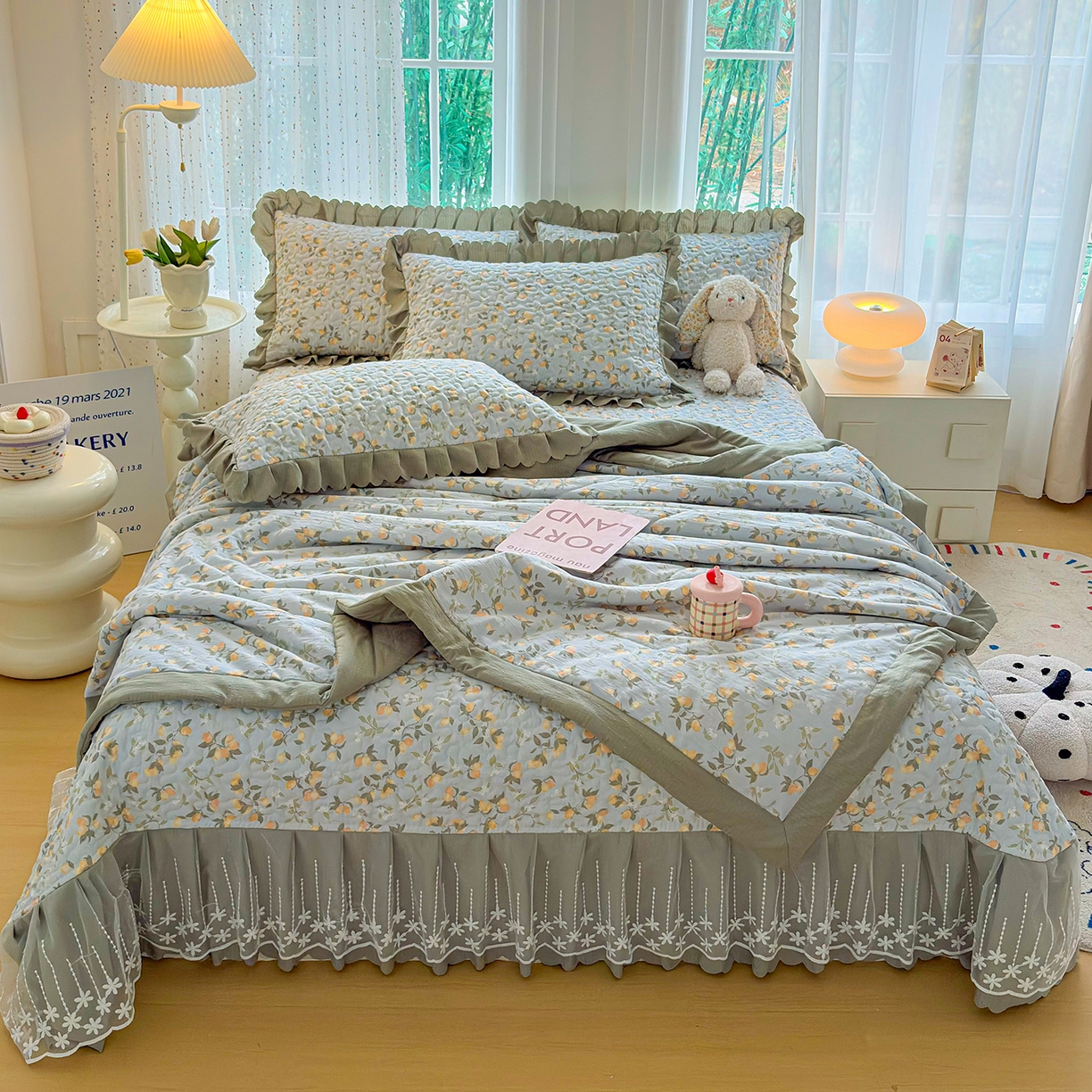 91家纺网 家纺一手货源 找家纺 （总）绒耀家纺 2026春夏直播爆款泡芙棉云感双层纱皱皱纱韩式花边夏被四件套