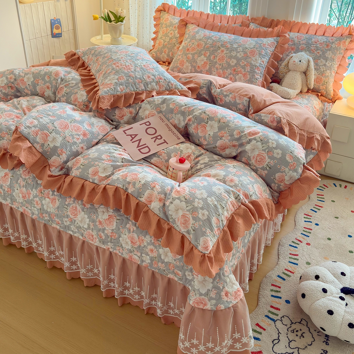 91家纺网 家纺一手货源 找家纺 （总）绒耀家纺 2026春夏直播爆款泡芙棉云感双层纱皱皱纱韩式花边夏被四件套