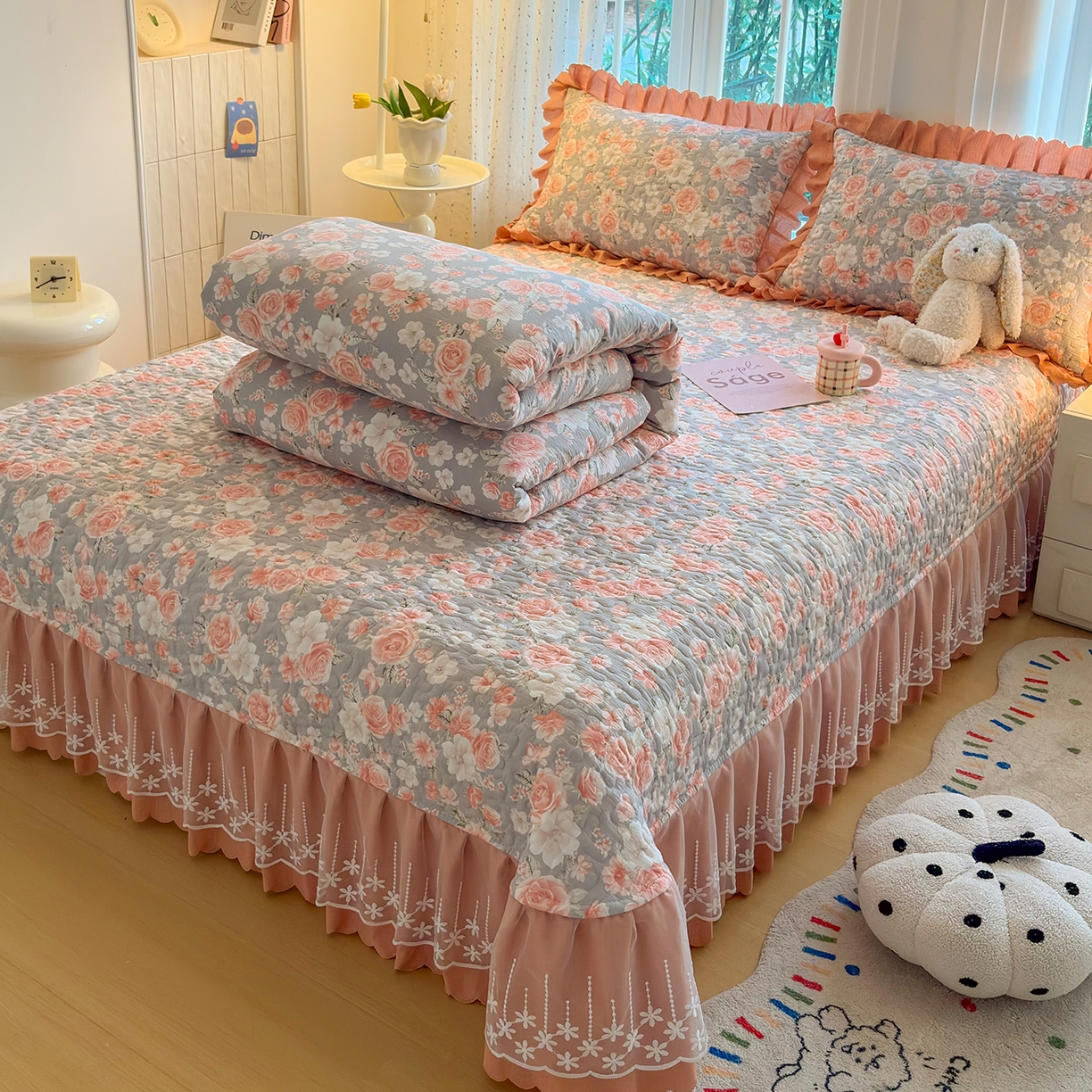 91家纺网 家纺一手货源 找家纺 （总）绒耀家纺 2026春夏直播爆款泡芙棉云感双层纱皱皱纱韩式花边夏被四件套