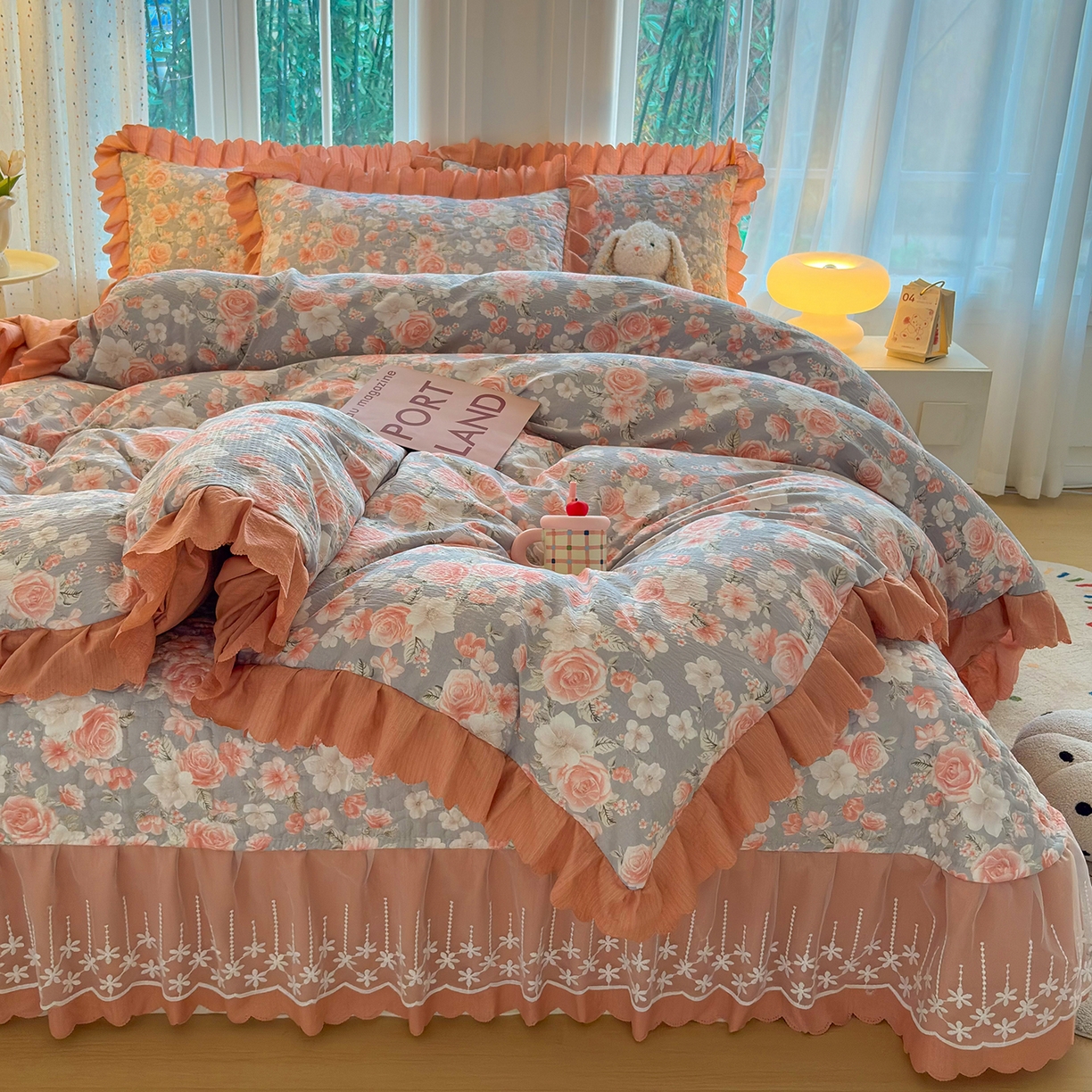 91家纺网 家纺一手货源 找家纺 （总）绒耀家纺 2026春夏直播爆款泡芙棉云感双层纱皱皱纱韩式花边夏被四件套