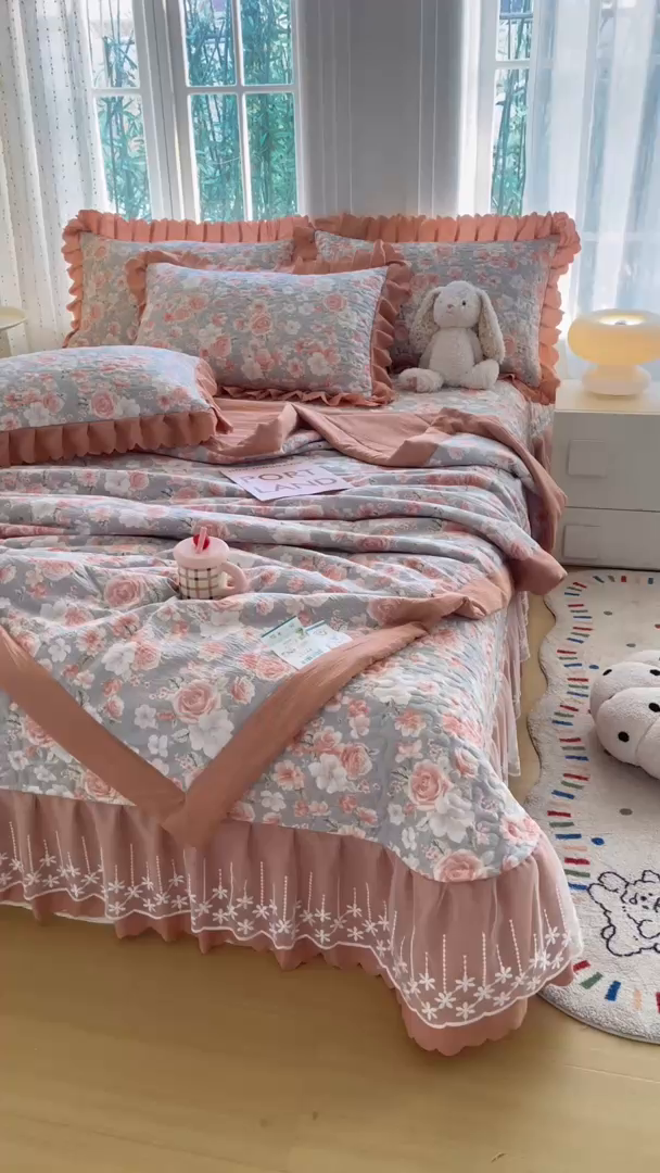 91家纺网 家纺一手货源 找家纺 （总）绒耀家纺 2026春夏直播爆款泡芙棉云感双层纱皱皱纱韩式花边夏被四件套