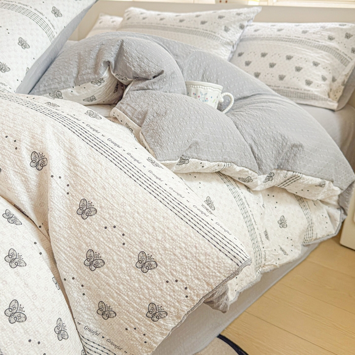桔禾家纺 2026春夏新款小清新A类超柔泡芙棉泡泡纱双层纱四件套 蝶语